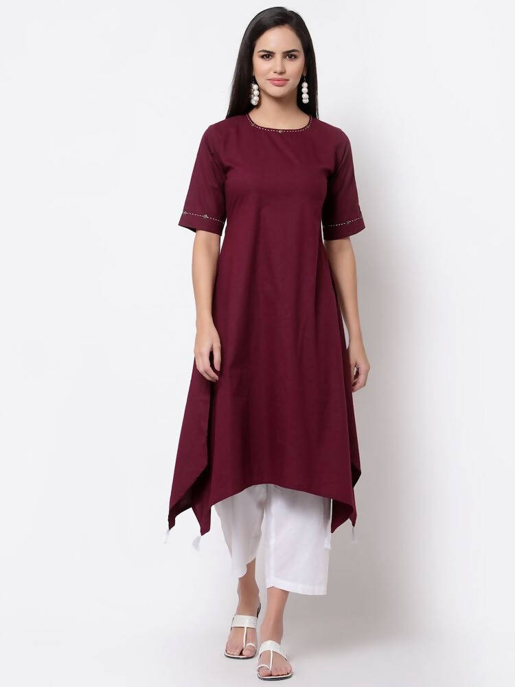Myshka Women's Pure Cotton 3/4 Sleeve Round Neck Casual Maroon Dress | Grocsy