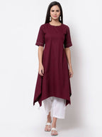 Myshka Women's Pure Cotton 3/4 Sleeve Round Neck Casual Maroon Dress | Grocsy