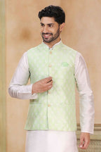 Raivat Ethnic Jacquard Banarasi Silk Woven Work 3 Pics Jacket Set In Pista Green Colour | Grocsy