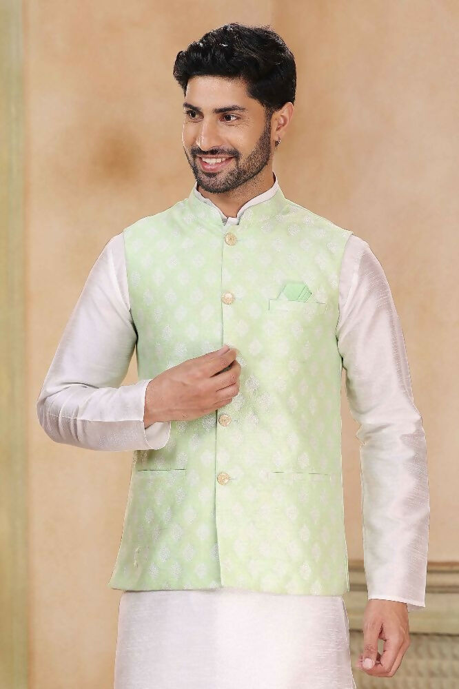 Raivat Ethnic Jacquard Banarasi Silk Woven Work 3 Pics Jacket Set In Pista Green Colour | Grocsy