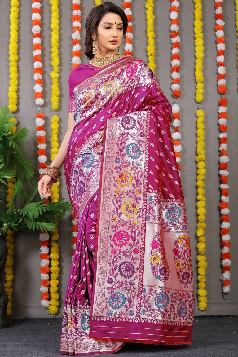 Jyoti Fashion Women's Magenta Banarasi Silk Zari Woven Saree with Blouse | Grocsy