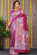 Jyoti Fashion Women's Magenta Banarasi Silk Zari Woven Saree with Blouse | Grocsy