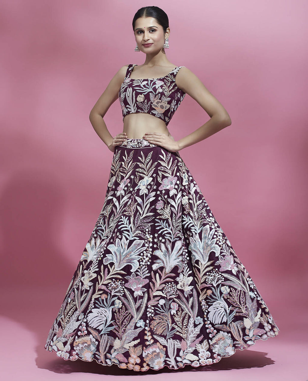 House of Panchhi Burgundy Net Sequinse Work Lehenga & Blouse with Dupatta | Grocsy