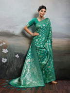 Shree Shyam Fashion Rama Green Silk Blend Saree | Grocsy