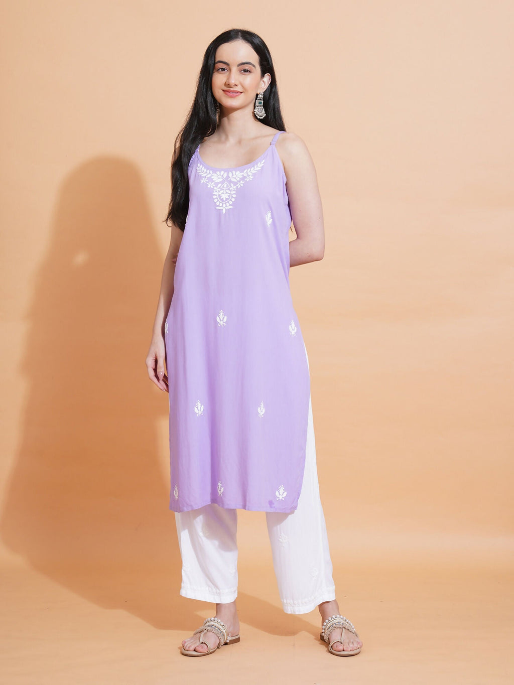 Pahnaz Luxury Rayon Chikankari Sleeveless Long Kurti-Lavender | Grocsy
