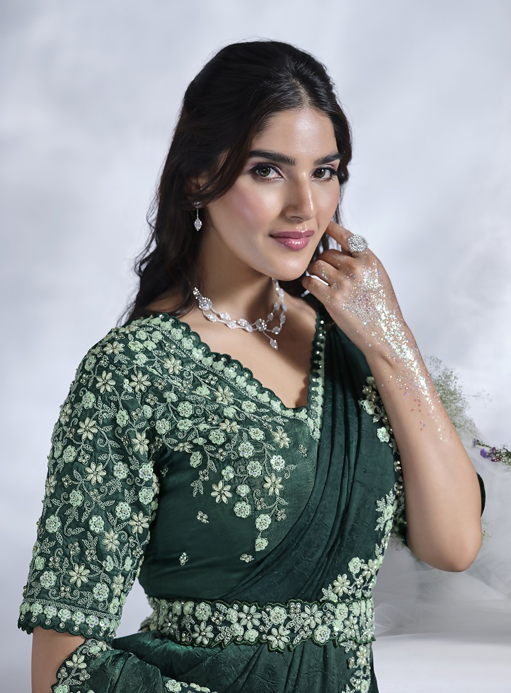 Green Two Tone Satin Silk Designer Ready to wear saree with stithced Blouse - Mohmanthan Aura | Grocsy