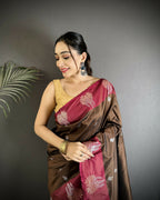 Joban Fashion Brown Small Butti Soft Silk Banarasi Saree | Grocsy