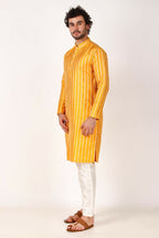 Yellow Art Silk Woven Designer Men's Rajwadi Kurta Set - Mahotsav | Grocsy