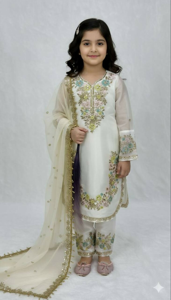 Teeya Creation Trendy Stylish Kids Wear Heavy Embroidery Sequence Work Kurta Set -White | Grocsy
