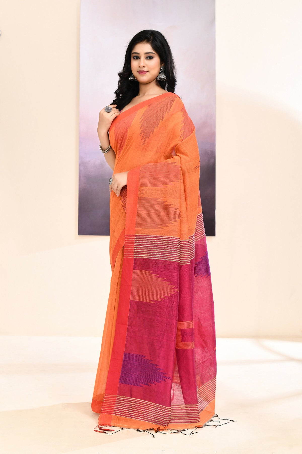 Piyari Fashion Women's Orange Temple Border Embellished Cotton Blend Jamdani Saree | Grocsy