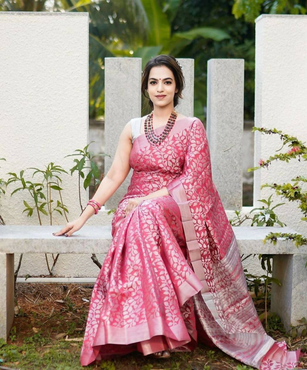 DEIANA'S Beautiful Designer Golden zari Soft Lichi Silk Saree - Pink | Grocsy