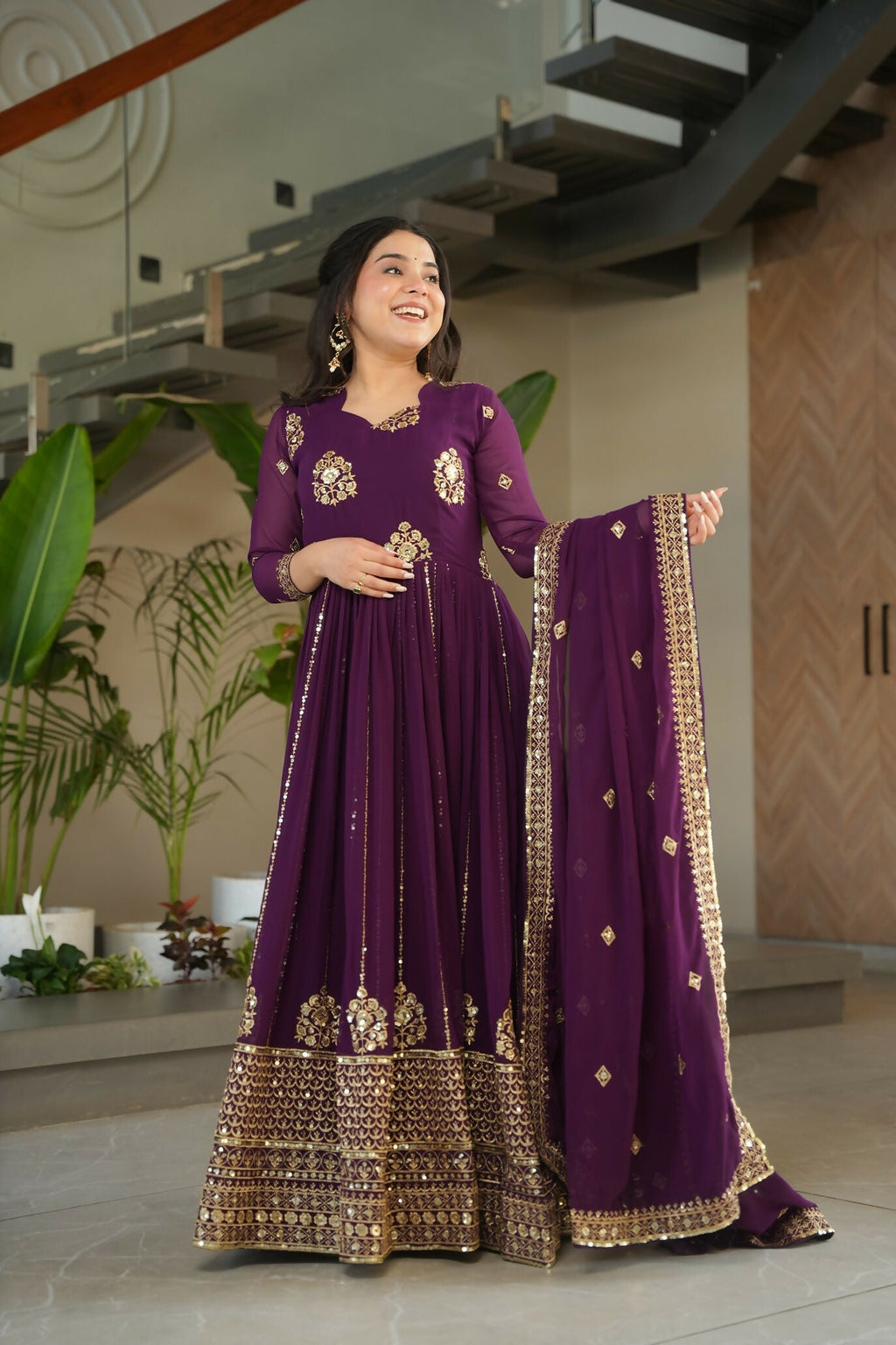 Joban Fashion Wine Georgette Sequence Embroidery Work Kurta Set | Grocsy