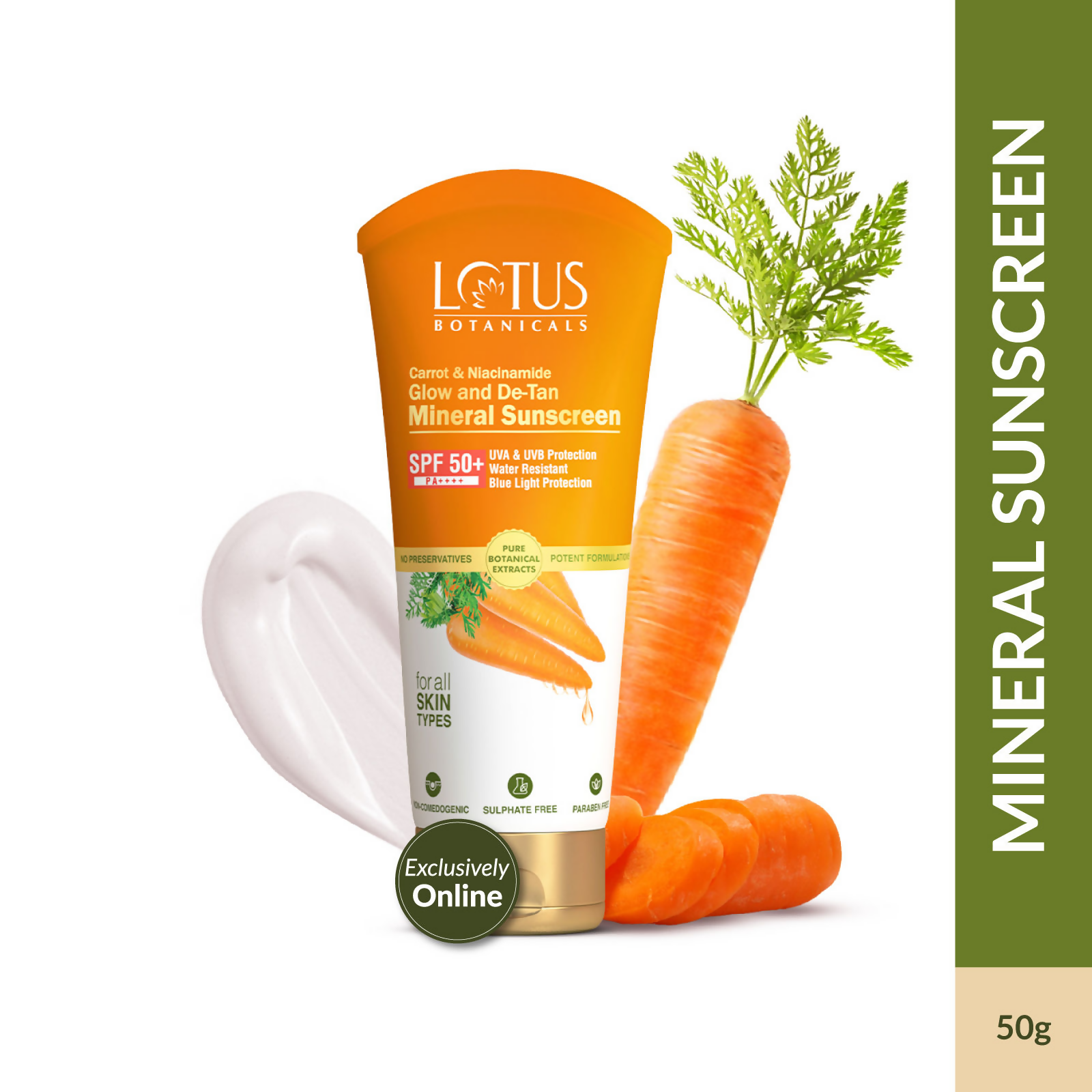 Lotus Botanicals Carrot & Niacinamide Glow and De-Tan Mineral Sunscreen, SPF 50+, PA++++ | Grocsy
