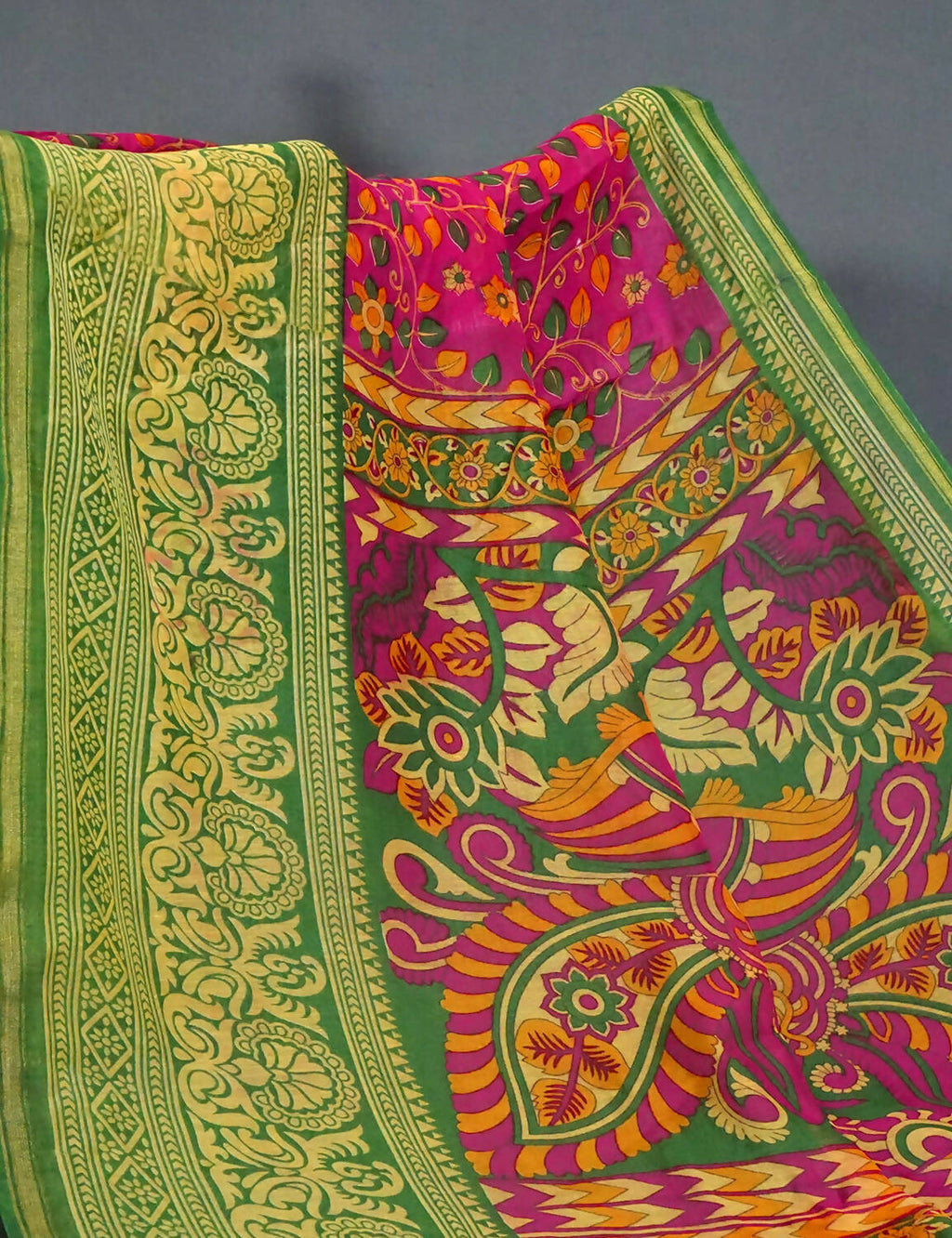 Vibrant Shades Of Pink Kalamkaari Design Semi Chanderi Saree With Contrast Blouse By Gayathri Reddy Designer Studio | Grocsy