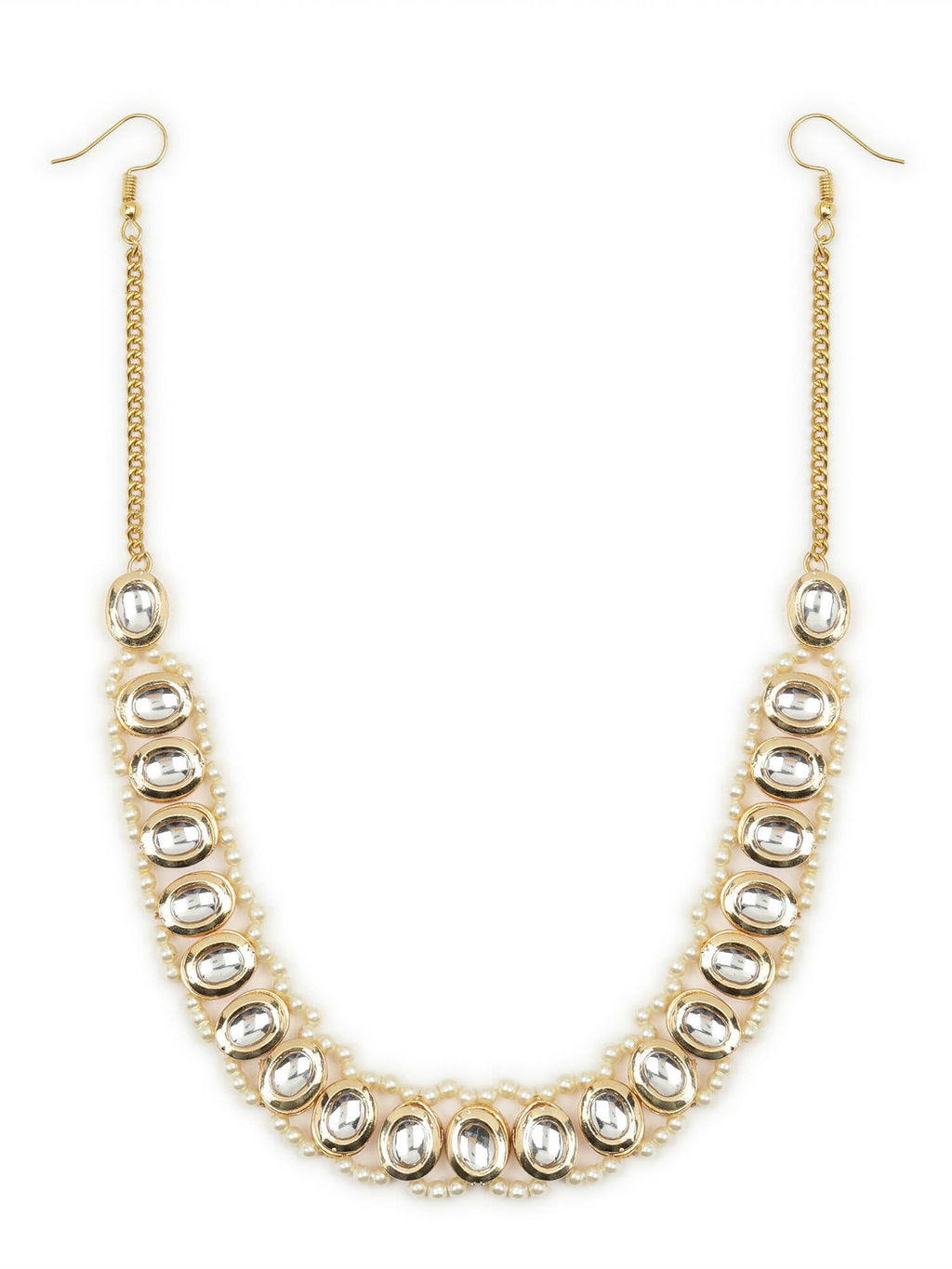 Gold-Polished White Kundan-Studded Pearl Beaded Hair Band - Ruby Raang | Grocsy