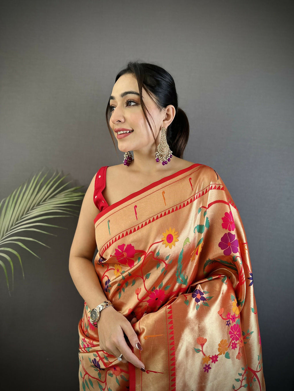 Joban Fashion Pastel Red Floral & Bird Motifs Soft Silk Paithani Saree | Grocsy