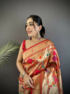 Joban Fashion Pastel Red Floral & Bird Motifs Soft Silk Paithani Saree | Grocsy