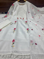 Teeya Creation Elegant White Straight Kurti Pant Set With Rose Motif Embroidery For Women | Grocsy