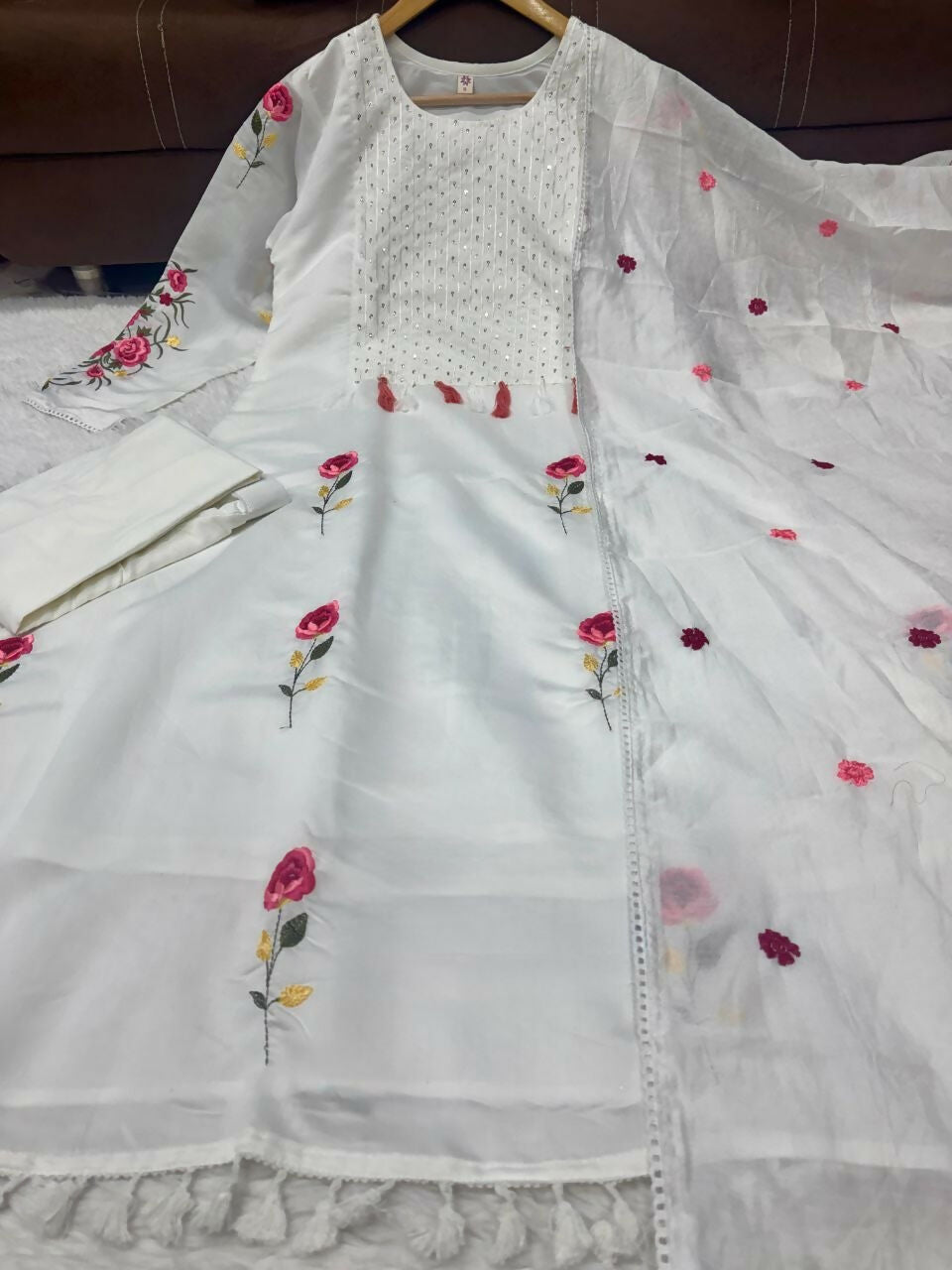 Teeya Creation Elegant White Straight Kurti Pant Set With Rose Motif Embroidery For Women | Grocsy