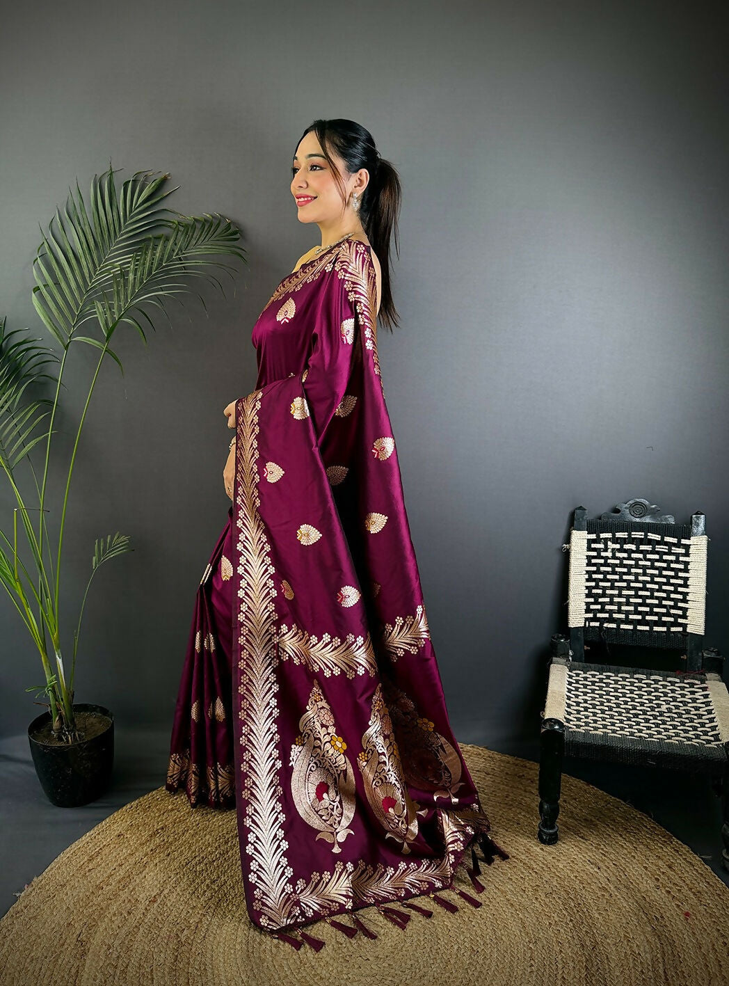 Joban Fashion Banarasi PlumWoven Soft Silk Saree | Grocsy