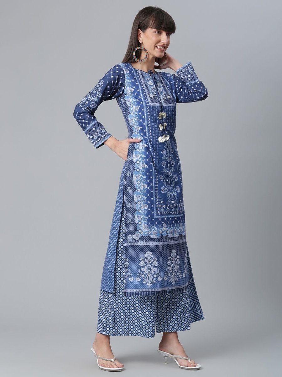 Ahalyaa Women Navy Blue Crepe Floral Print kurta With Palazzo | Grocsy
