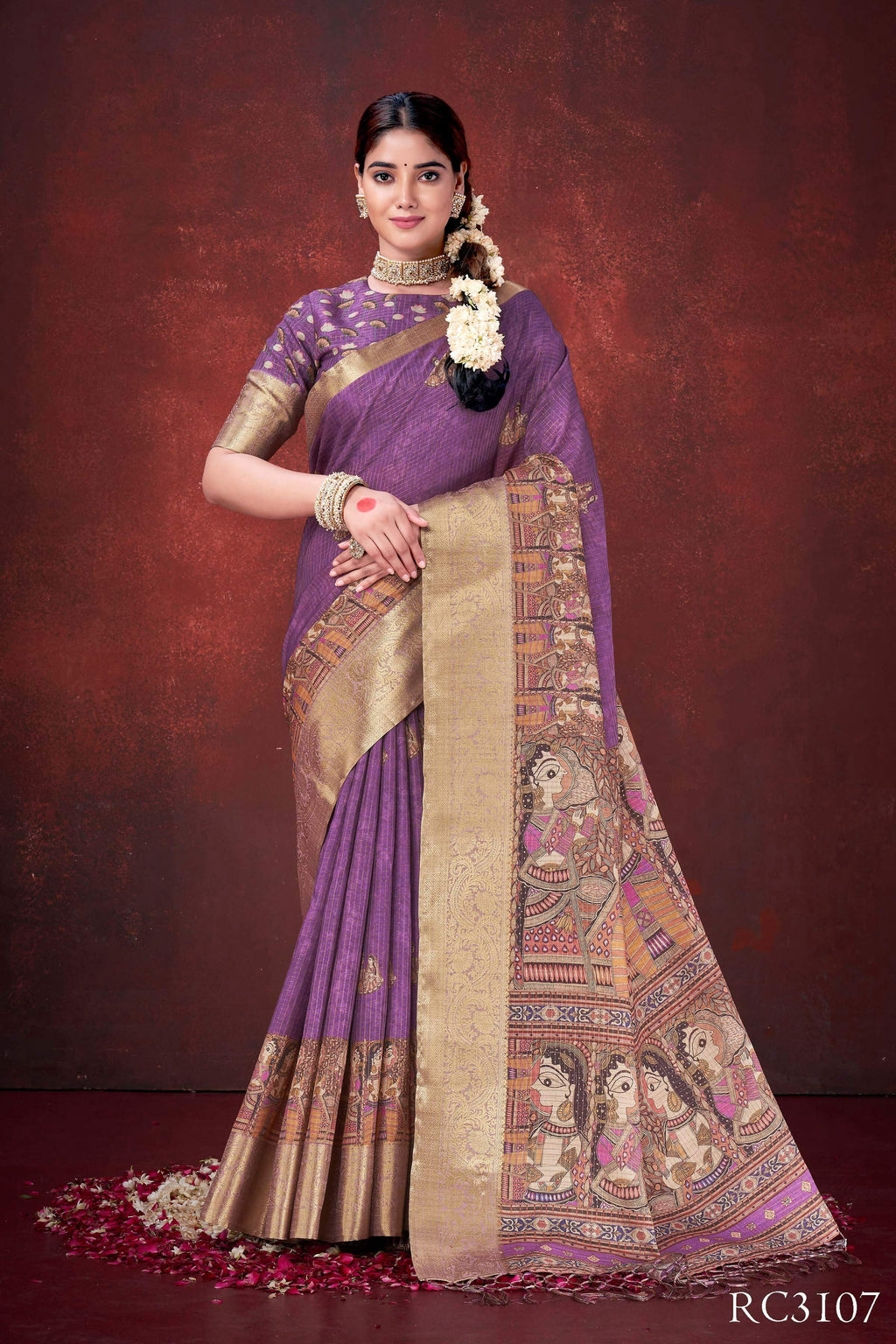 Purple Poly Habotai Silk Foil Print Saree with Unstitched Blouse - Kathari | Grocsy