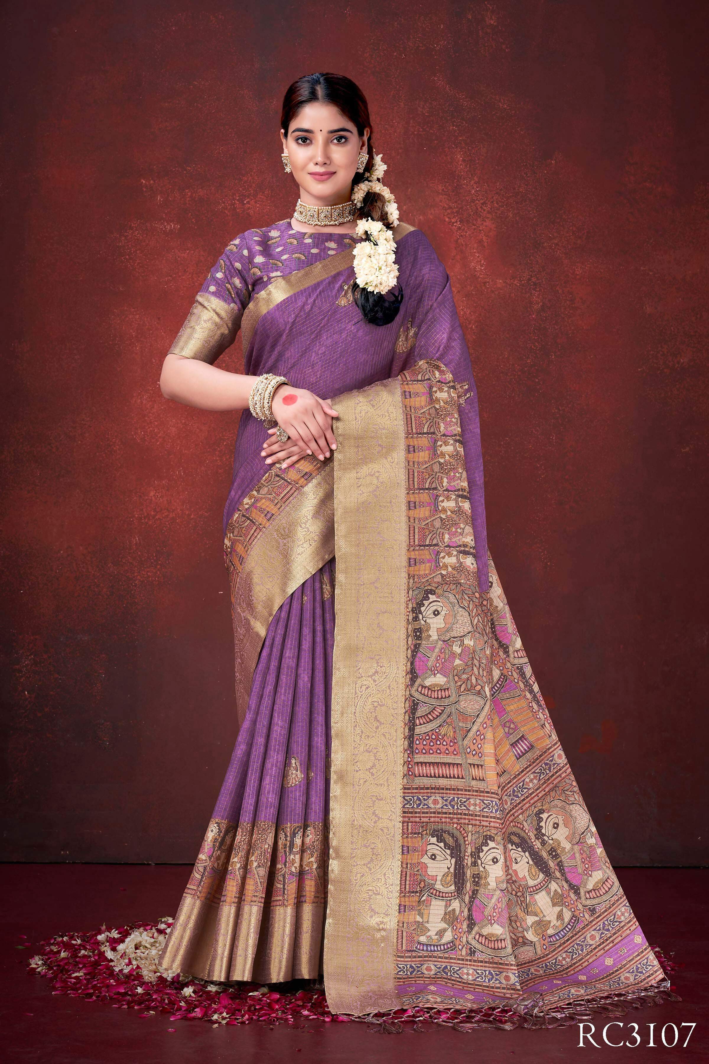 Purple Poly Habotai Silk Foil Print Saree with Unstitched Blouse - Kathari | Grocsy