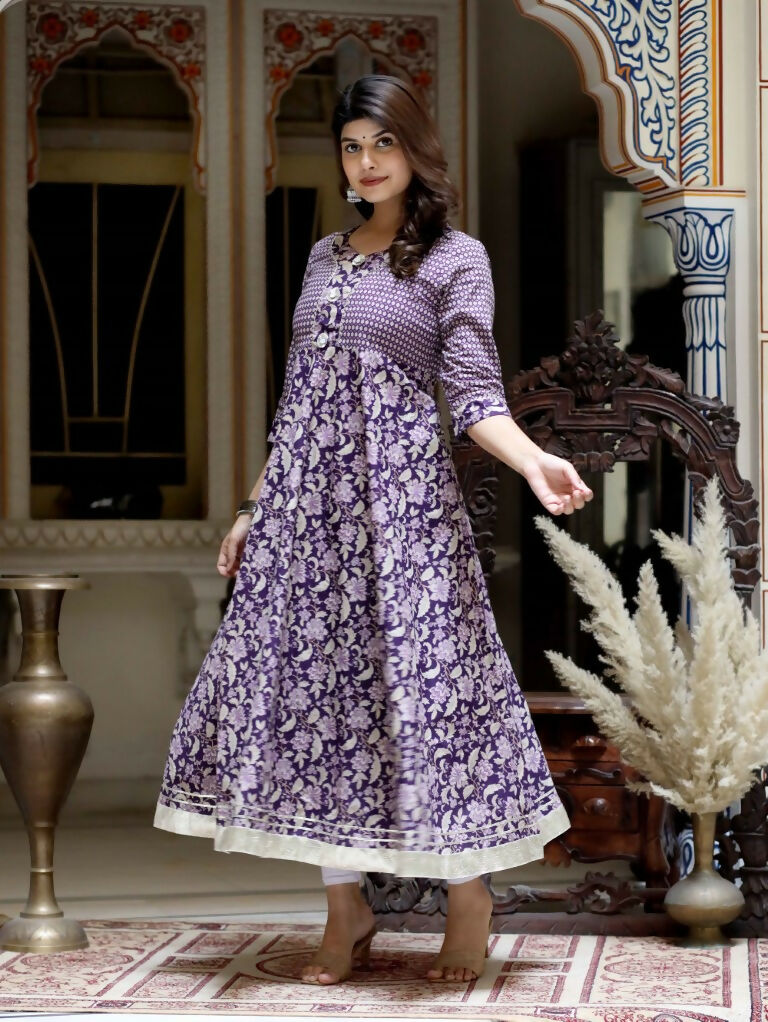 Miravan Women's Purple Cotton Floral Gota Lace Work Anarkali Kurta | Grocsy