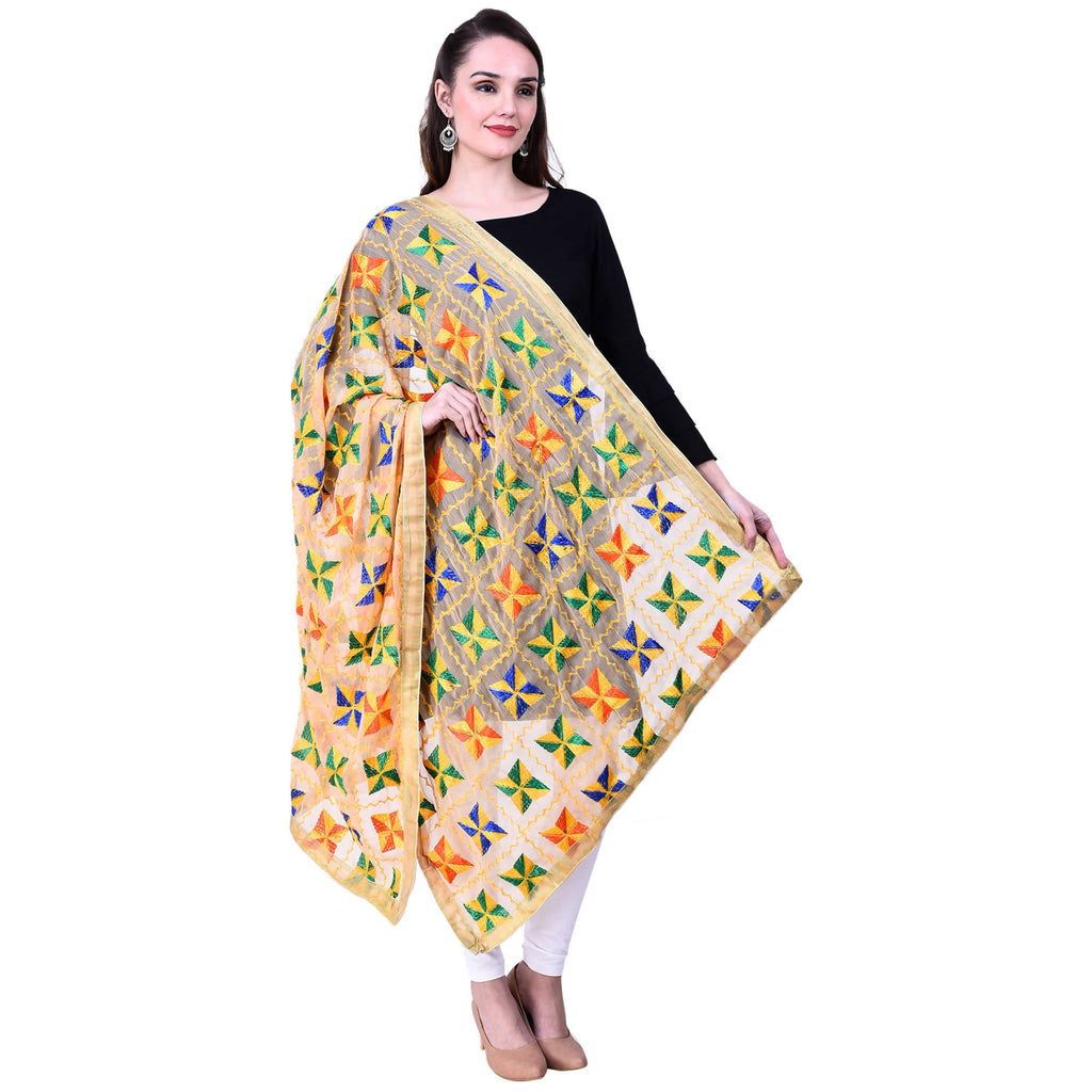 SWI Stylish Women's Embroidered Phulkari Chiffon Beige Dupatta | Grocsy