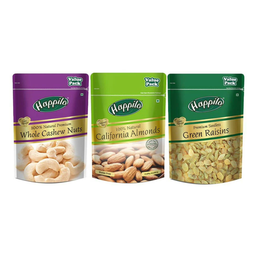Happilo Premium Nuts & Dryfruit Combo (Almond, Cashews & Green Raisin) | Grocsy