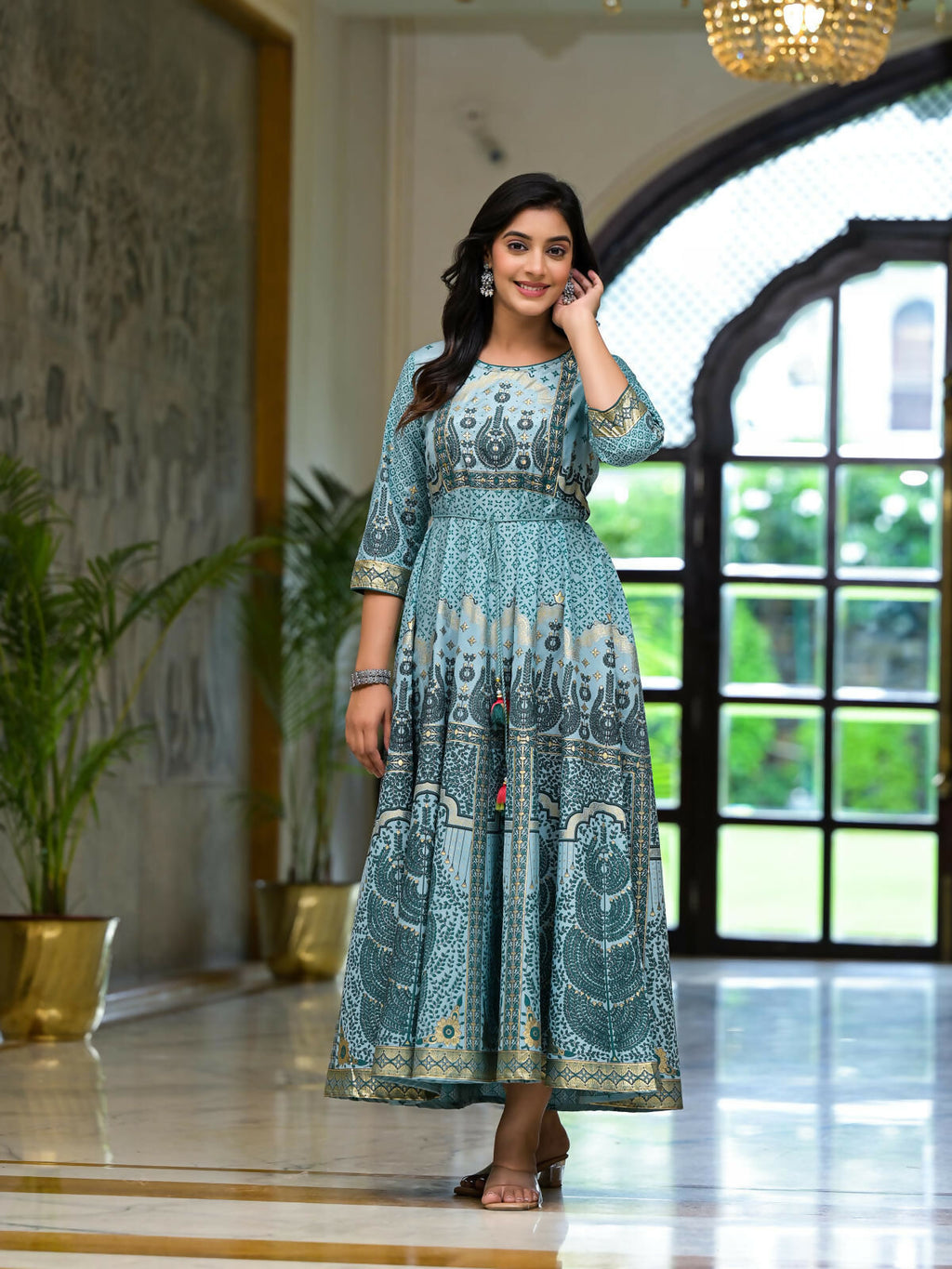 Juniper Women's Aqua Santoon Printed Fit & Flare Maxi Dress With Beads & Dori On Waist | Grocsy
