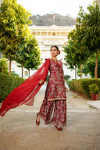 Vaasva Women Maroon Muslin Floral & Embroidered Cut Work Kurta ,Sharara & Dupatta set | Grocsy