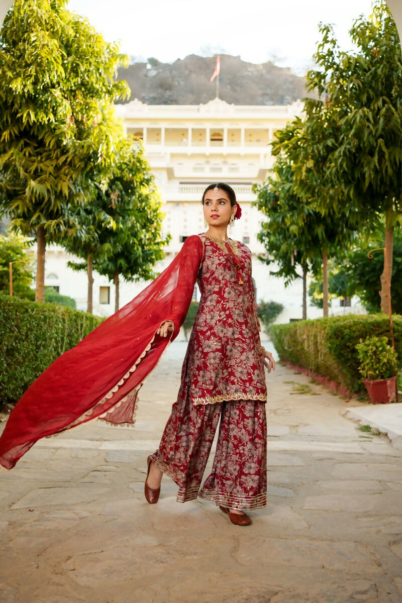Vaasva Women Maroon Muslin Floral & Embroidered Cut Work Kurta ,Sharara & Dupatta set | Grocsy