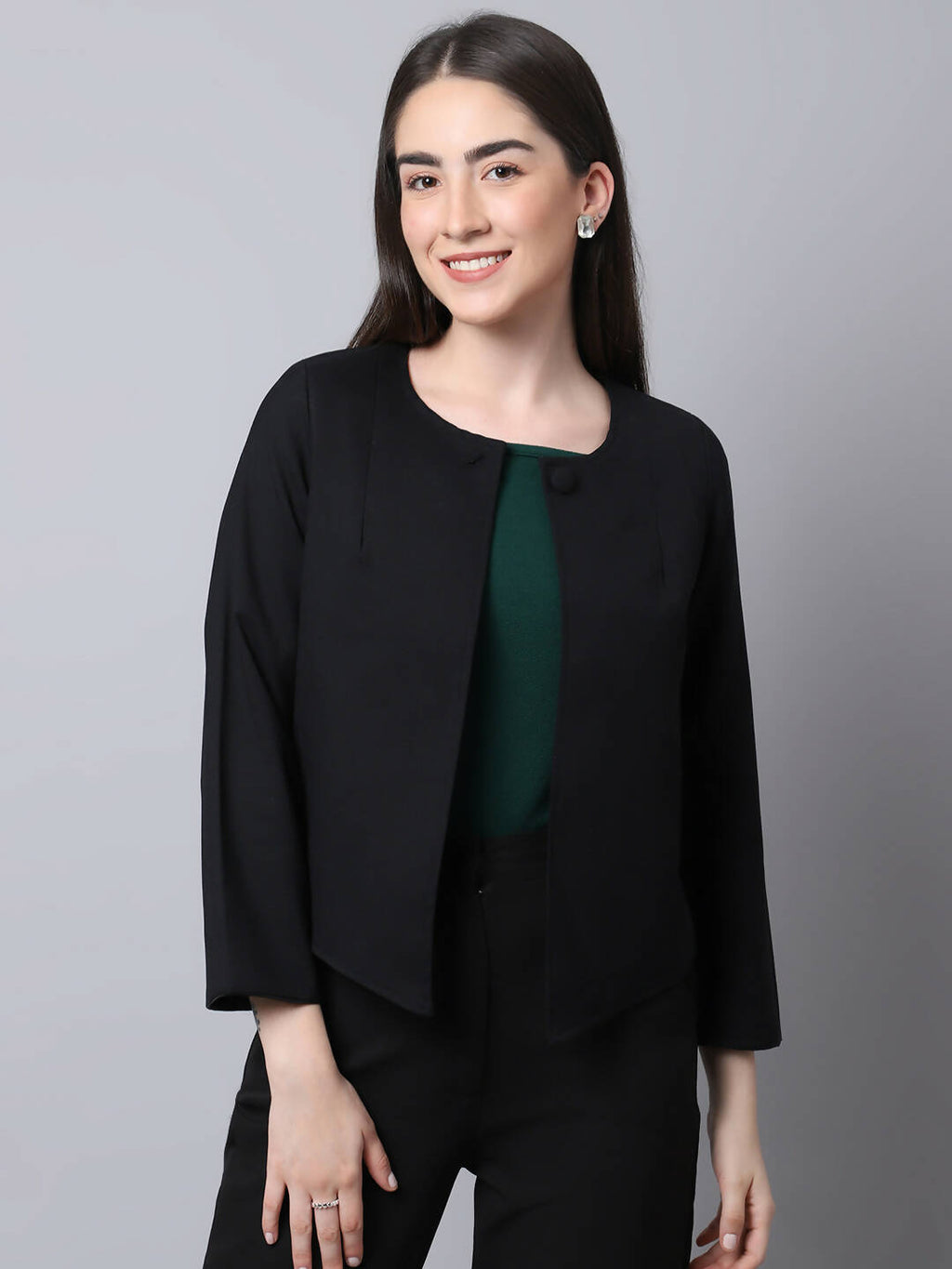 Even Apparels Black Polywool Open Front Statement Women's Jacket | Grocsy