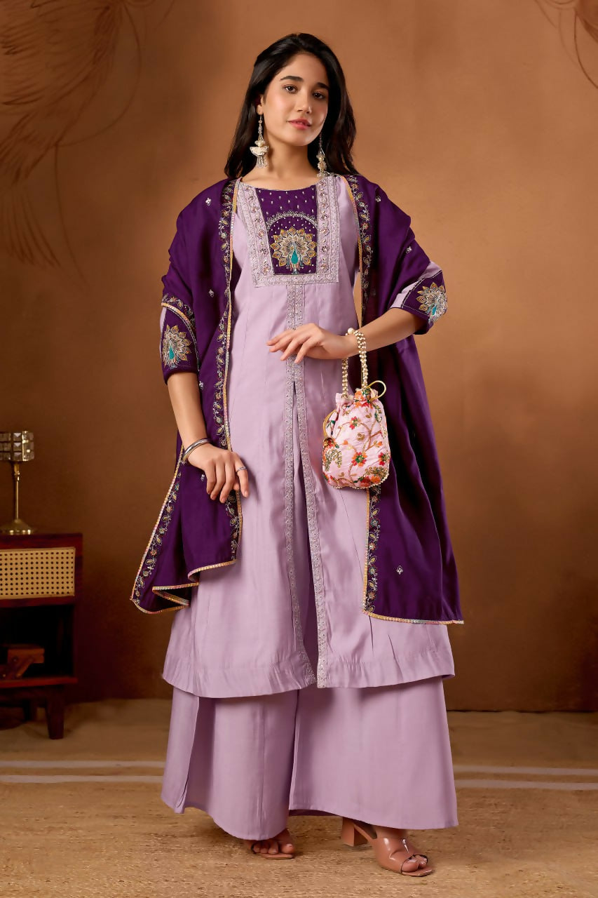 Lehenga Mart Designer Front-Slit Kurta, Paired With Wide-Leg Palazzo Pants And A Dupatta.-Lavender | Grocsy