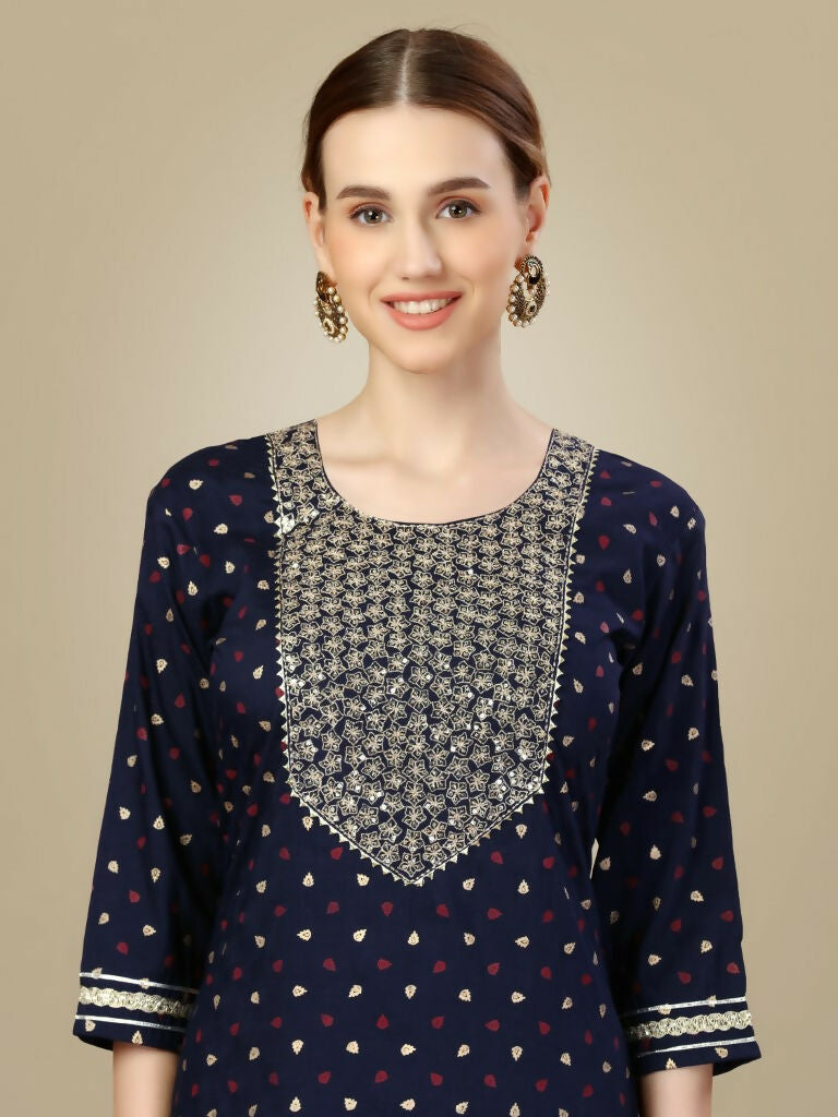 Jyoti Fashion Women's Navy Blue Silk Blend Embroidery & Sequence work Kurta with Trouser & Dupatta | Grocsy