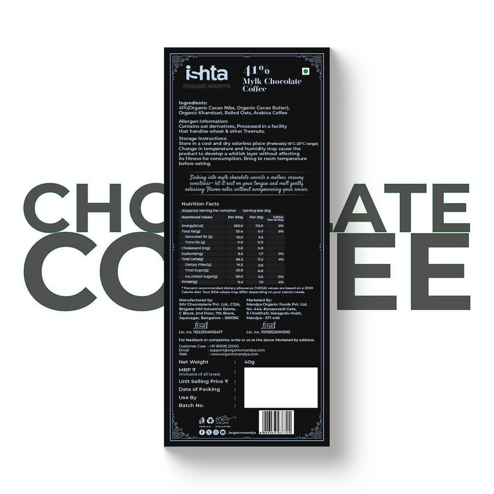 Organic Mandya 41% Mylk Chocolate with coffee | Grocsy