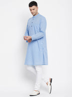 Even Apparels Blue Pure Cotton Men's Kurta With Band Collar | Grocsy