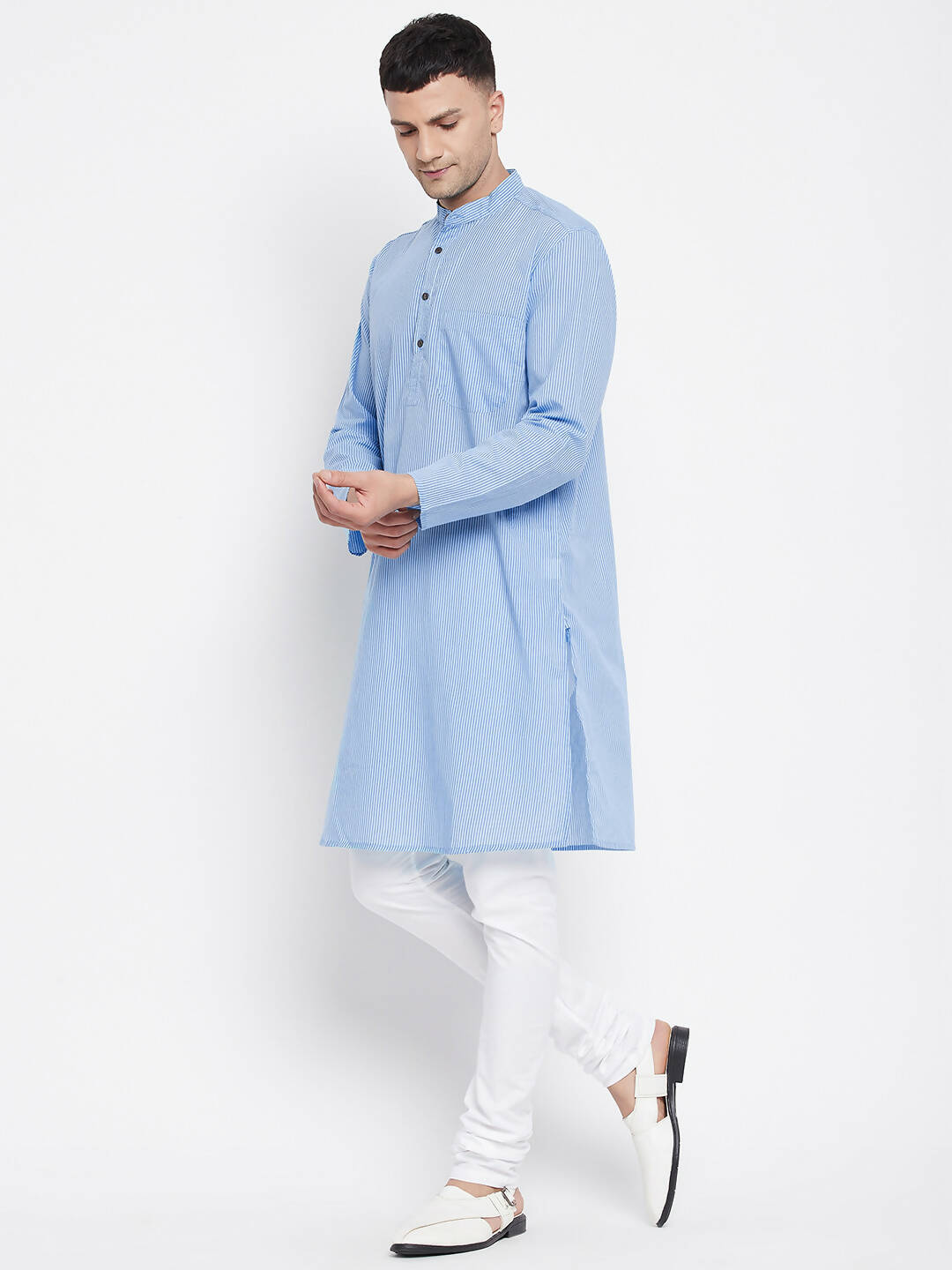 Even Apparels Blue Pure Cotton Men's Kurta With Band Collar | Grocsy