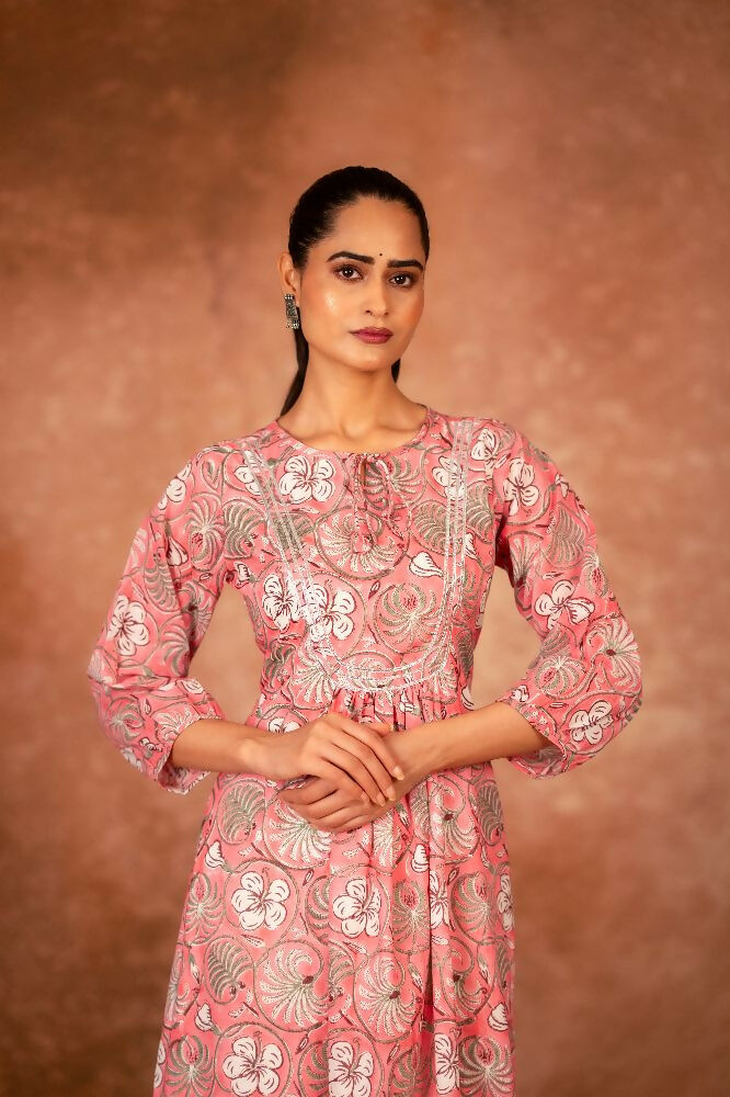 Joban Fashion Pink Floral Hand Block Printed Cotton Kurta Pant Set | Grocsy