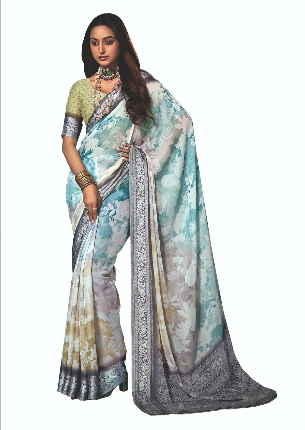 Joban Fashion Dola Silk With Zari Border Shaded Multi Color Work Saree | Grocsy