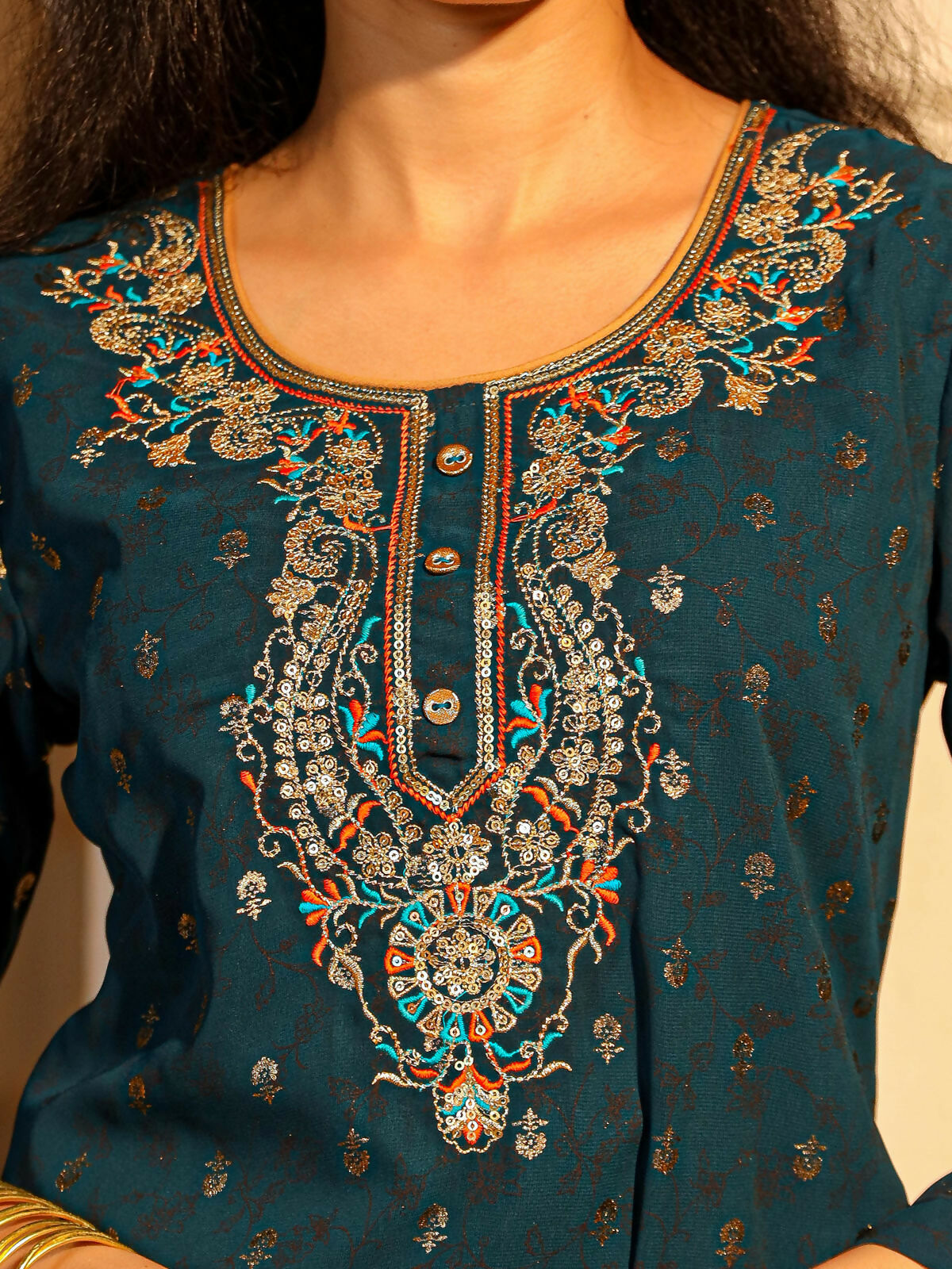 Juniper Women's The Swarn Teal Ethnic Motif Printed Georgette Kurta Pant And Dupatta With Sequins & Zari Work | Grocsy