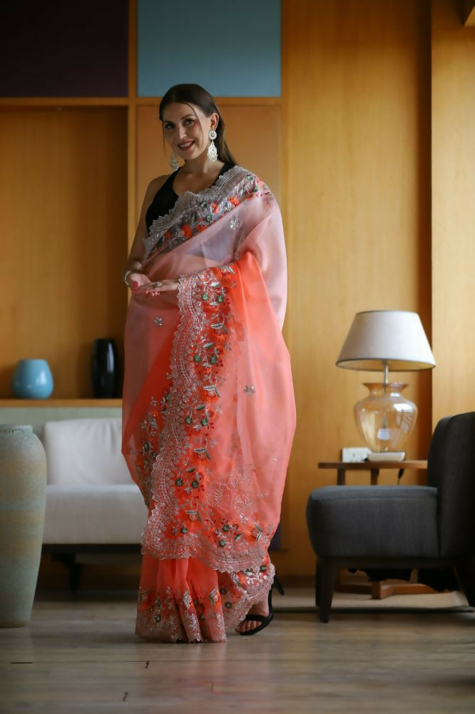 Vamsee Sanyogita Sanyogita - Orange Organza Saree | Grocsy