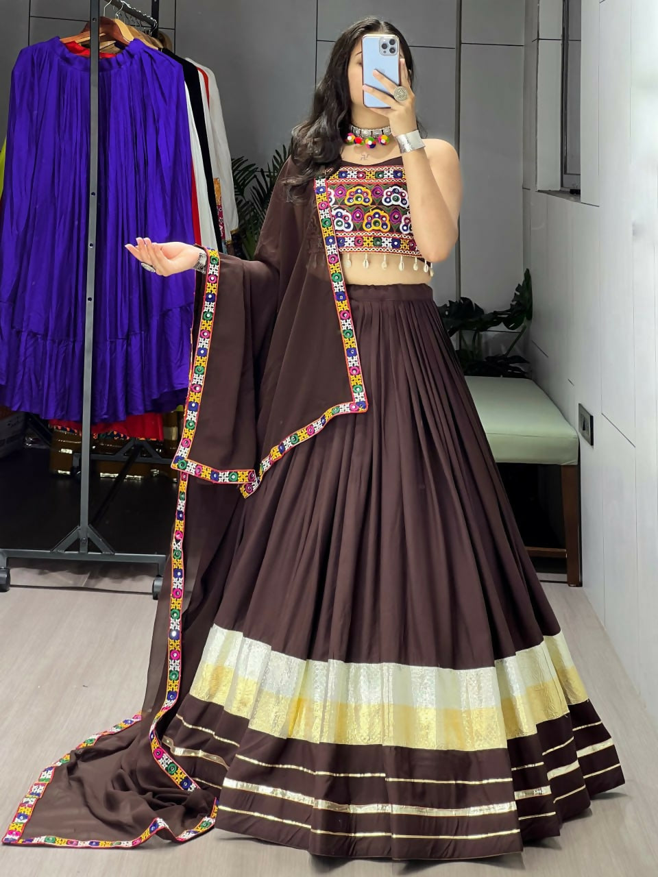 Yash Enterprise Brawn Rayon Cotton Embroidery Semi Stitched Navratri Top Chaniya Choli | Grocsy