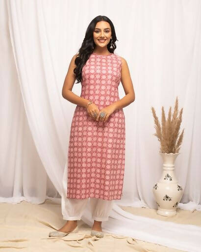 FIORRA Women's Floral Printed Pink Cotton Straight Kurta | Grocsy