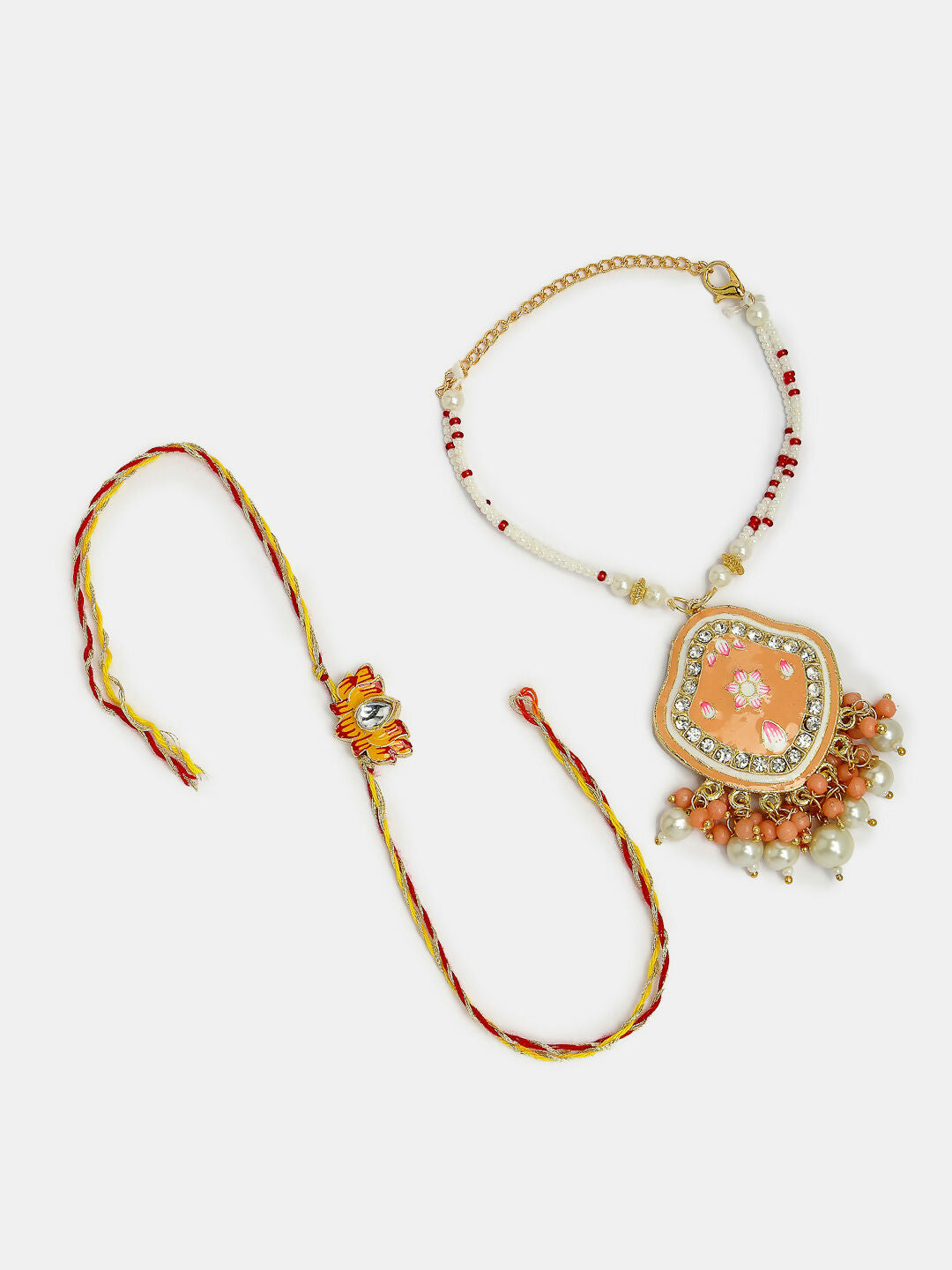 NVR Women & Men Set of 2 Peach Lotus Shape Kundan Stone-Studded & Beaded Bhaiya Bhabhi Rakhi With Roli Chawal | Grocsy