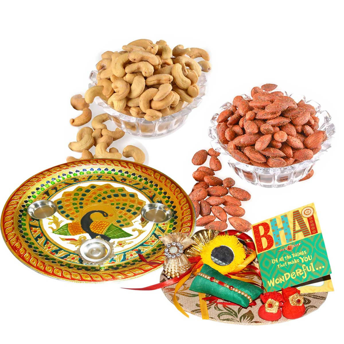 Bikano Masala Almonds and Salted Cashewnuts Rakhi Puja Thali Gifts | Grocsy