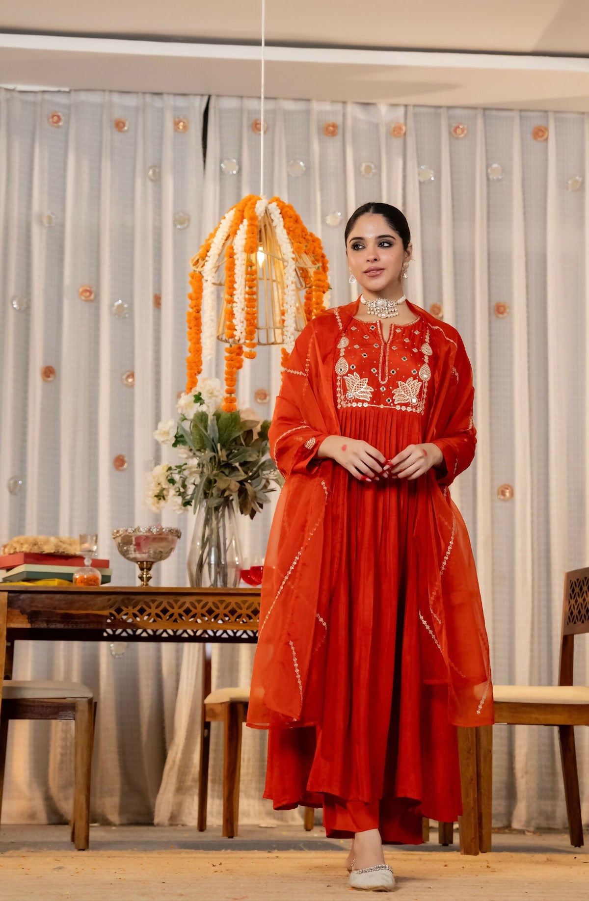 The52 Women's Gorgeous Embroidery Work Chanderi Silk Fabric Flared Kurta Pant and Dupatta Set | Grocsy