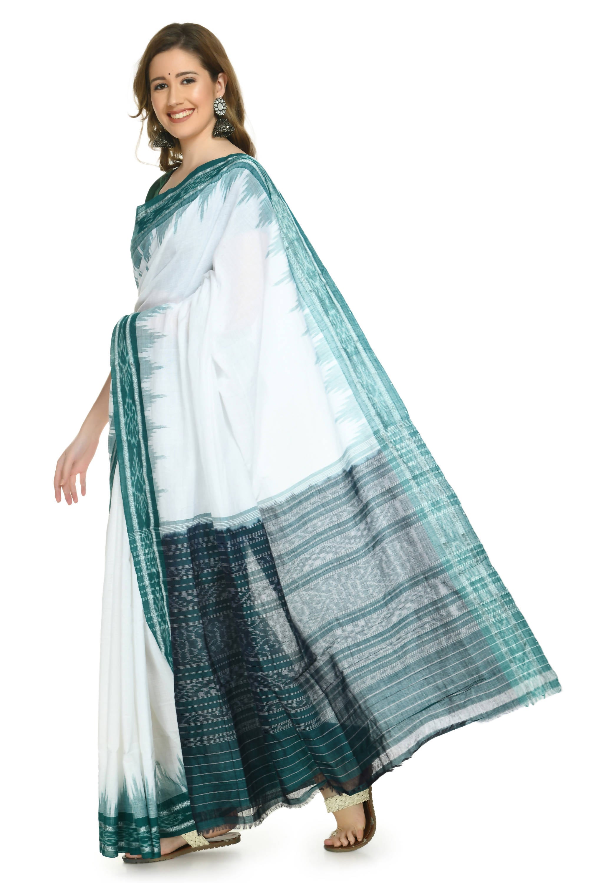 Vamika Sambalpuri Ikat Cotton Plane Kunbha White & Green Saree | Grocsy