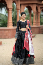 Vastranavya Navaratri Collection Myra Silk Lehenga & Blouse With Maslin Crochet Printed Dupatta Set - Black | Grocsy